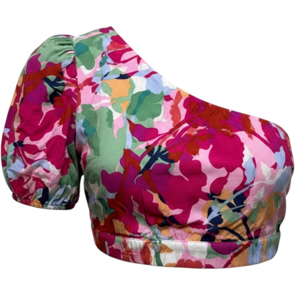 BB Dakota Steve Madden Womens One Shoulder Floral Crop Top Multi Pink Green M - Picture 1 of 7